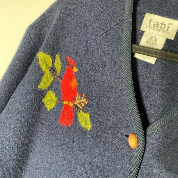Vintage Tabi Pure New Wool Navy Blue Button Up Cardigan With Birds XL - Picture 6 of 16